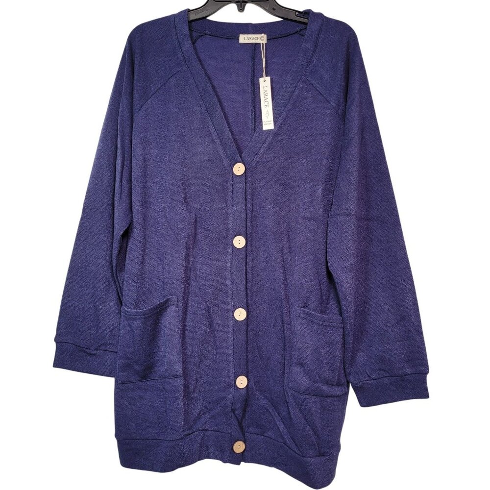 Larace Women Plus Size Long Sleeve Button Down Cardigan With Pockets - Navy Blue